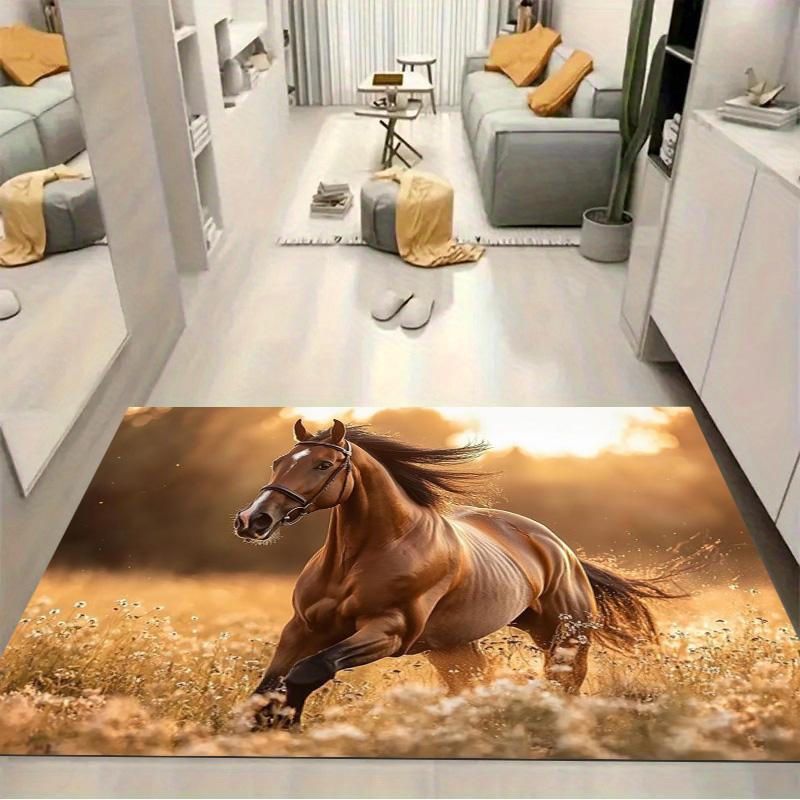 Laufendes Braunes Pferd Wildblumenfeld Sonnenuntergang Druck Bereichsteppich Wildtier Tier Rutschfest Rechteckige Bodenmatte Pferdeliebhaber Spielzimmer Schlafzimmer Dekor Teppich
