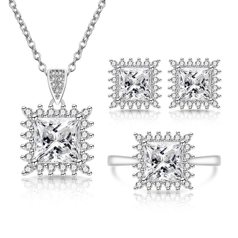 New Square Colored Gemstone Three-piece Set Ring Necklace and Earrings Ring Size:Adjustable