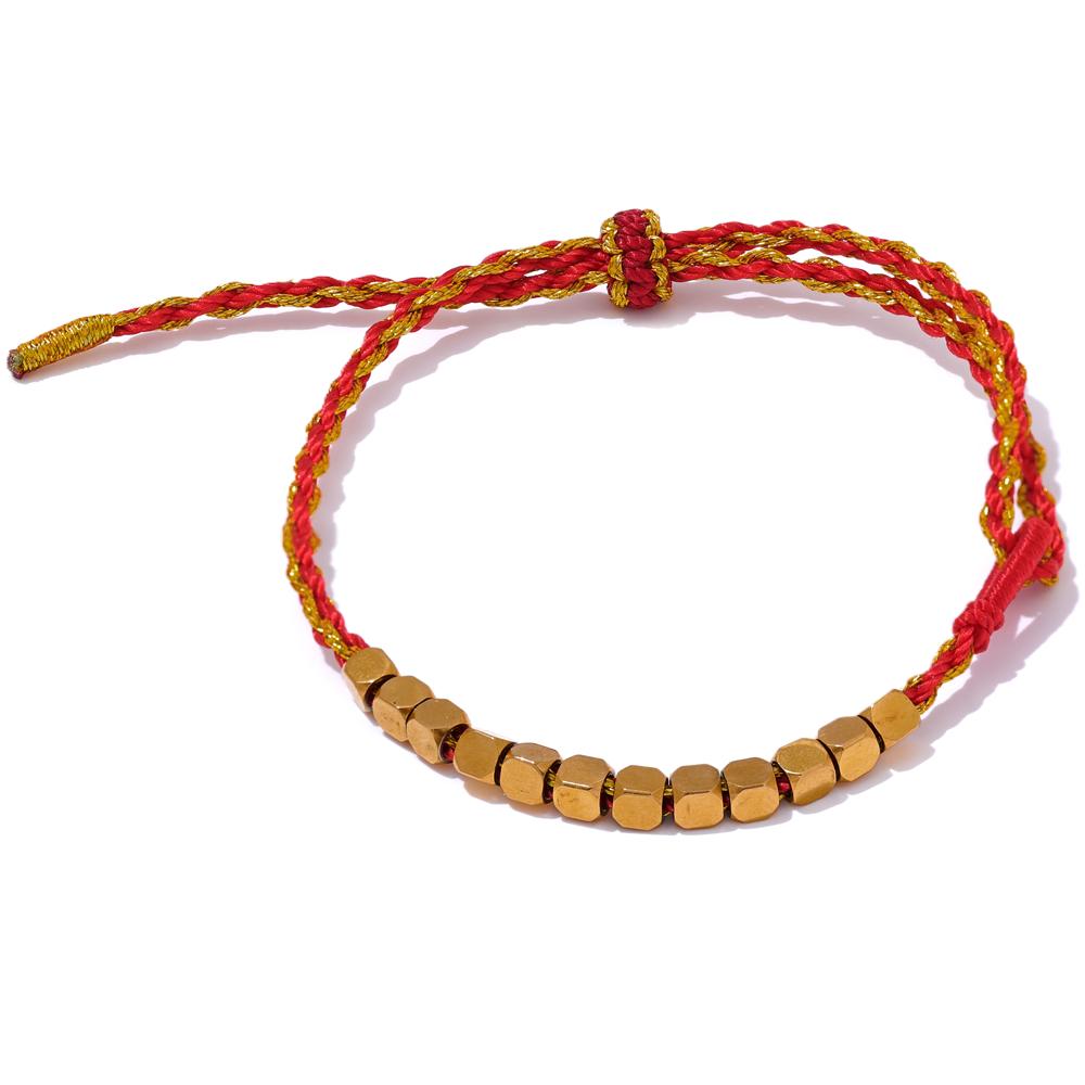 Yhpup New Red Rope Braided  Stainless Steel Square Beads Handmade Bracelet Bangle for Women Fashion Lucky Wrist Jewelry Bijoux