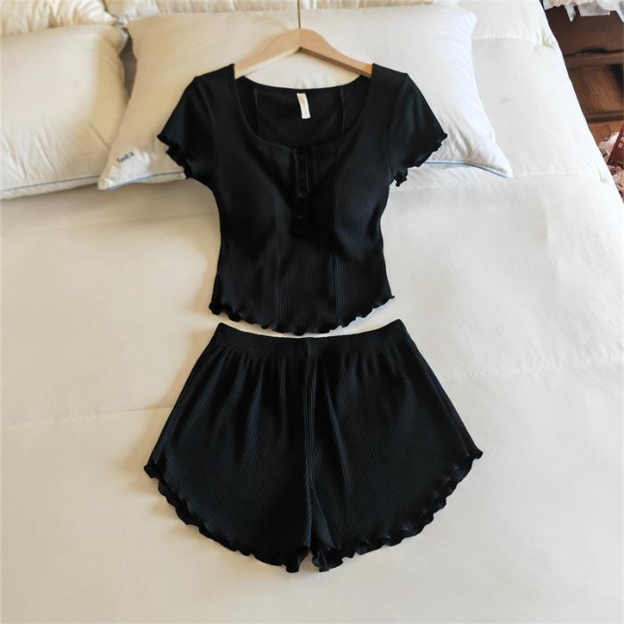 

Летний модальный пижамный комплект в корейском стиле для женщин: Топ с коротким рукавом с нагрудными вкладышами и шорты, повседневная домашняя одежда или одежда для улицы M