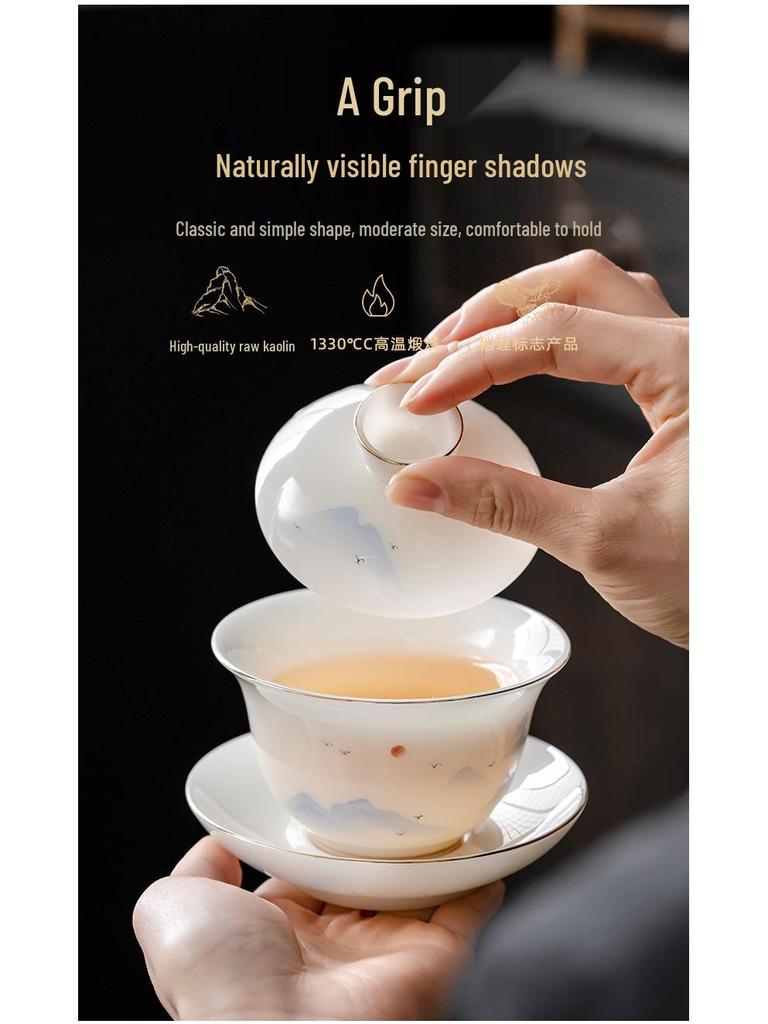 High-End Puyu Light Luxury Dehua White Porcelain Kung Fu Tea Set with Mutton Fat Jade Teapot