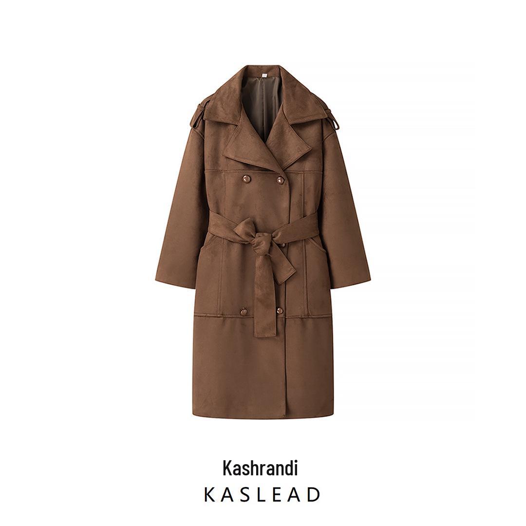 

2024 Winter Women s European & American Double-Breasted Tie-Waist Faux Suede Coat S коричневий