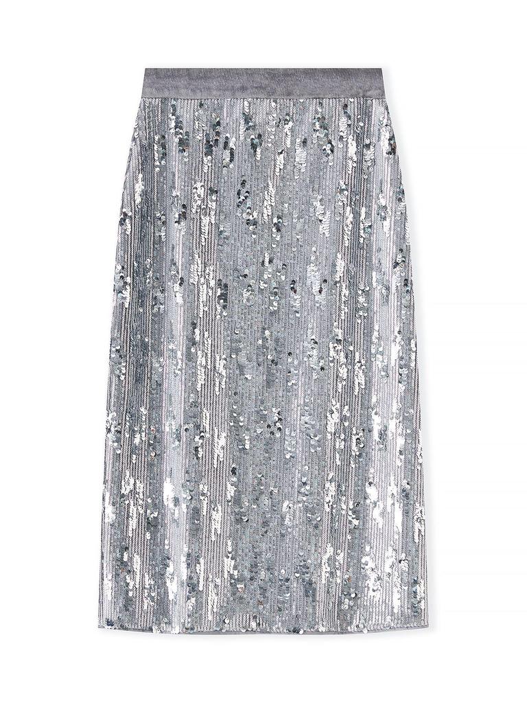 Dazzling Silver Sequin High-Waist Midi Skirt for Women - Autumn Fashion