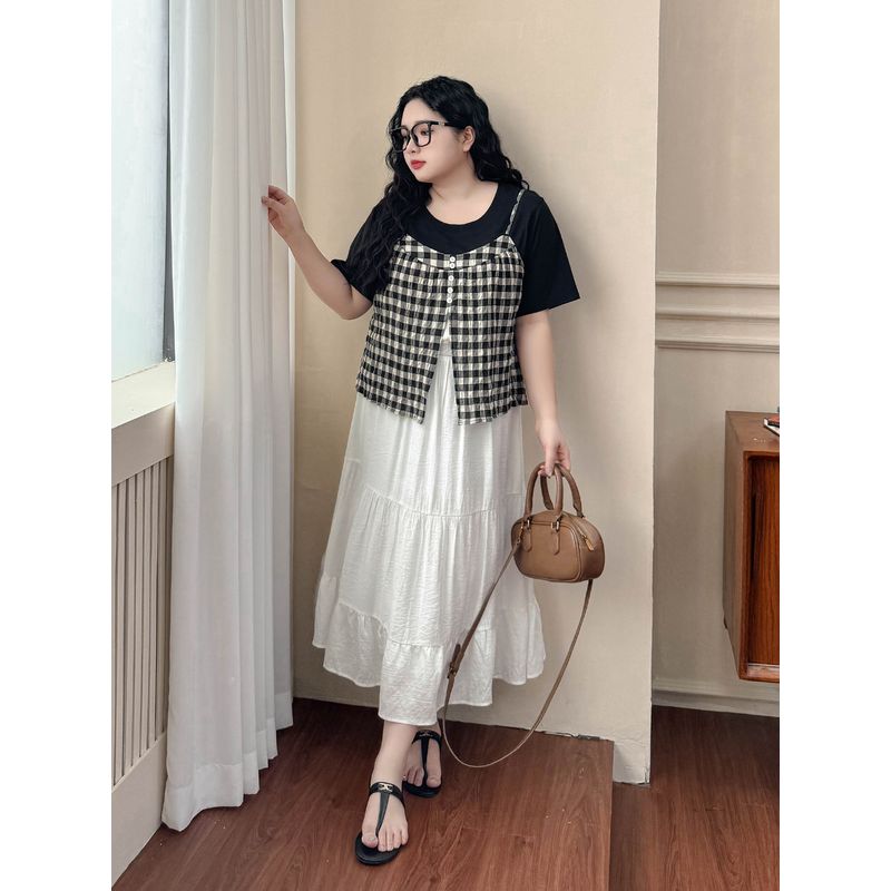 Plus size women clothing [Retro Art Long dress] Fake Two Pieces Plaid Pleat Texture Feeling Chubby Girl Autumn Sling