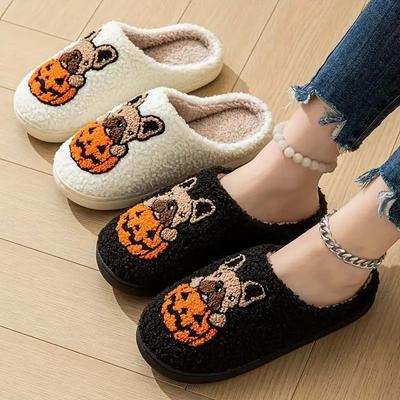 Cartoon Kürbis Hund Damen Hausschuhe Komfort Weiche Sohle Rutschfest Indoor Schuhe Frau Halloween Winter Warm Baumwollhausschuhe