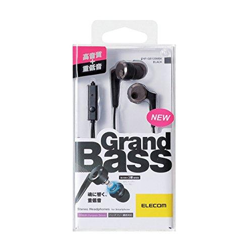 Elecom Stereo-Ohrhörer, In-Ear, 10-mm-Treiber, mit Mikrofon, Tiefer Bass, GrandBass, Schwarz, EHP-GB100MBK