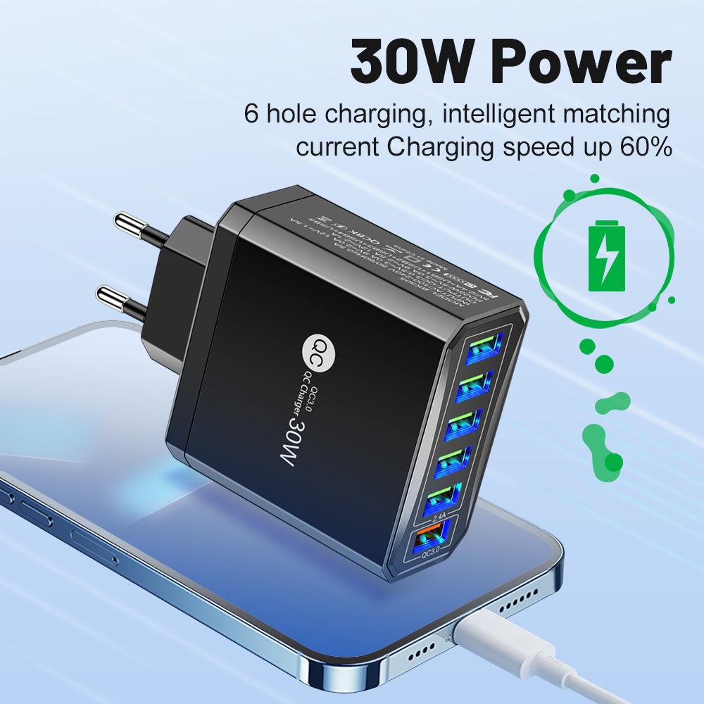 30W 6-Port QC3.0 Fast Charger with EU, US, UK, and Korean Plugs