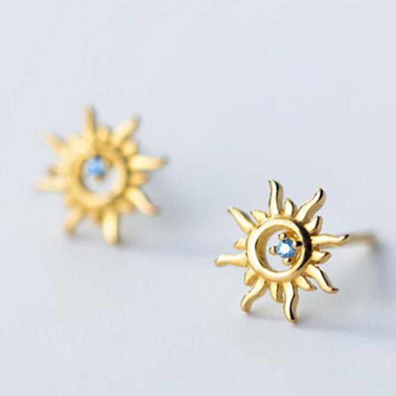 

100% 925 Real Silver Jewelry Tiny 8mmX8mm Hollow Sun With CZ Stud Earrings Gift For Girls Friend Kid Lady золотой