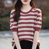 IHUASU Women's Colour Blocking Striped Knitwear Summer O-neck T-shirt Loose Casual Knit Short-sleeve Peplum Half-sleeve Tops