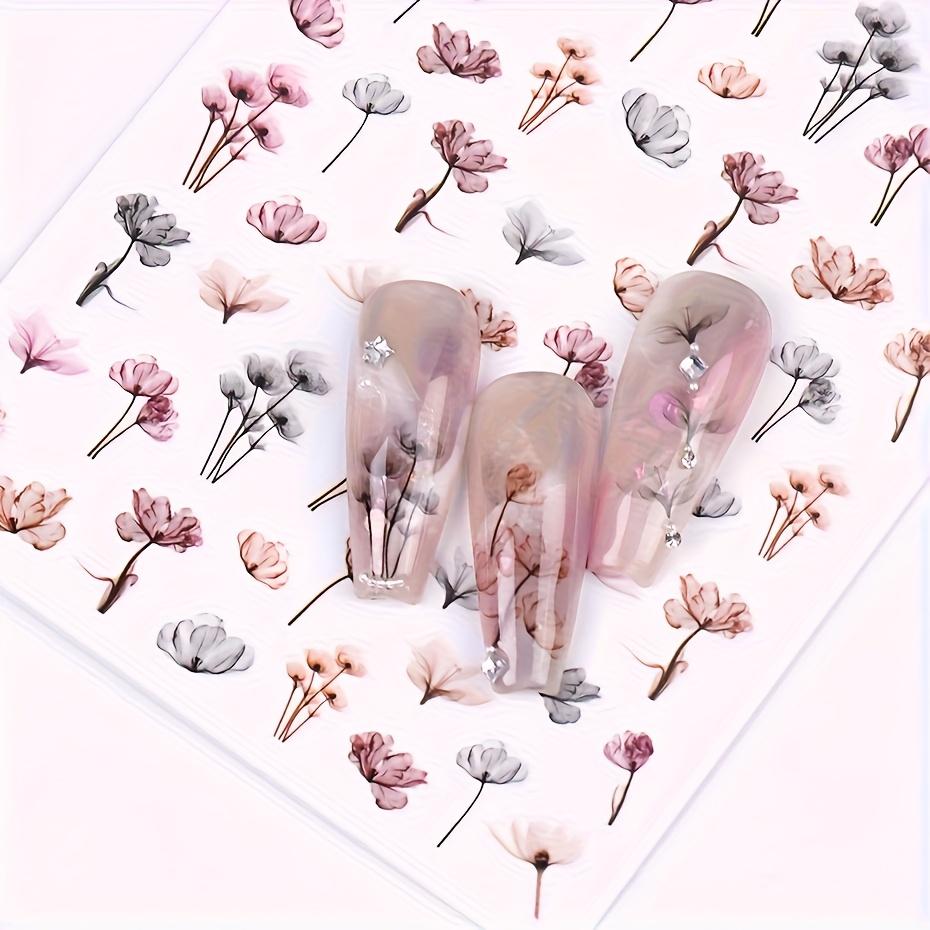 1 Sheet Gradient Bloom Ink Flower Nail Art Stickers Self-Adhesive Watercolor Floral & Leaf Design Decals for Elegant Manicures Nail Stickers
