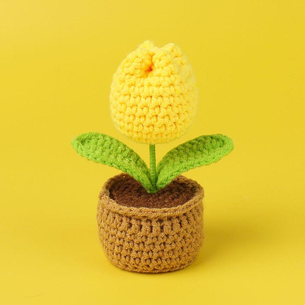 Tulip Crochet Flowers Pot Cute Knit Flower Creative Crochet Plant Pot Tulips Knitting Flower Car Table Home Decor
