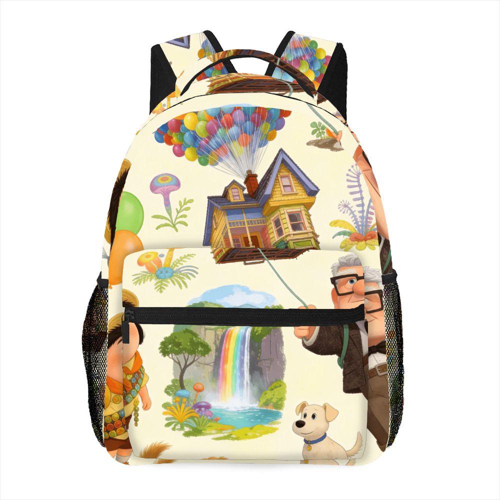 Cartoon Up Adventure Themed Backpack with Rainbow Waterfall Print Cute Carl Fredricksen School Bag for Picnic Camping