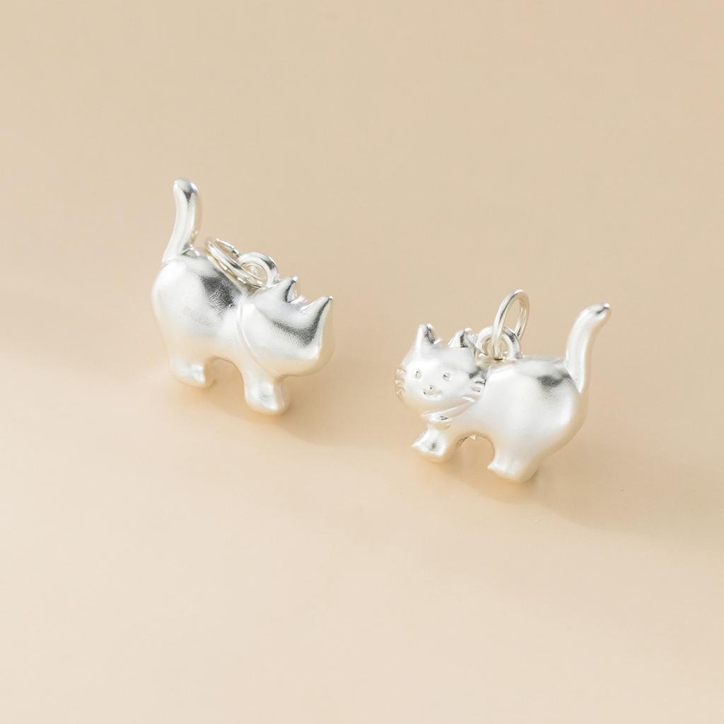 S999 Pure Silver Cartoon Glossy Cat Pendant DIY Bracelet Pendant Handmade Braided Rope Material Accessories