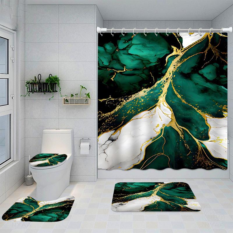 1/4pcs Luxury Emerald Green Marble Bathroom Set Waterproof Shower Curtain with Matching Non Slip Carpet and Toilet Lid Pad Modern Home Decoration Gift