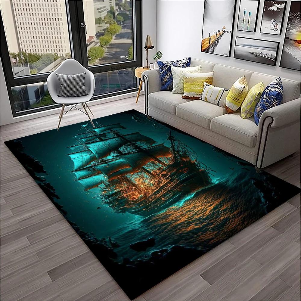 3D Piratenschiff Boot, Bark, Segelboot Teppich für Zuhause Wohnzimmer Schlafzimmer Sofa Fußmatte Dekor, Kinderbereich Teppich Rutschfeste Bodenmatte