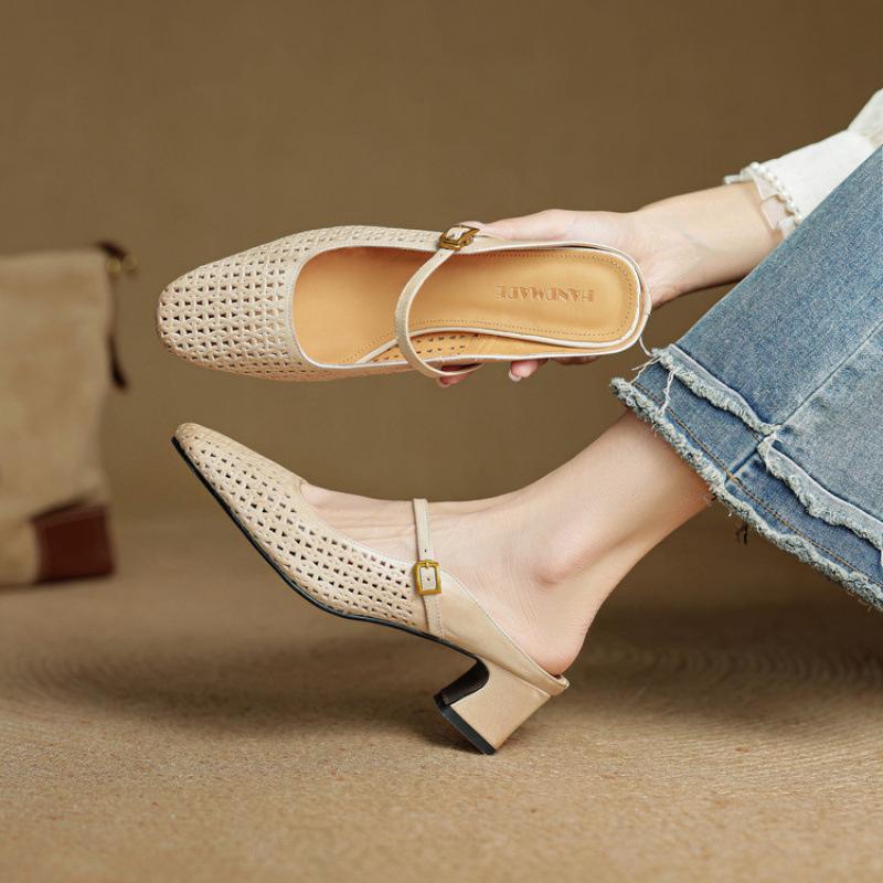 New square head cover foot pedal sandals summer bag head slippers women's beef tendon soft bottom leather size cool slippers