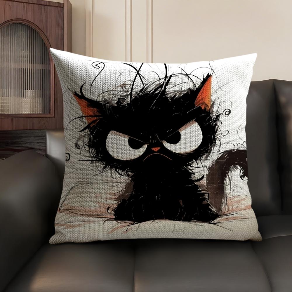 Whimsical Cat Art Cushion Cover Natural Linen Organic Fabric DoubleSided Printing Sofa Home Decor Gift Pillow Case