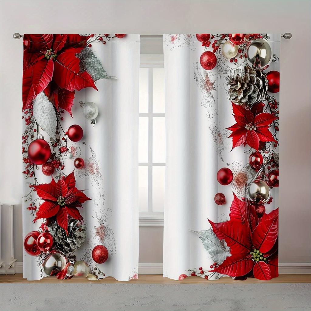 2pcs Sheer Polyester Vintage Christmas Dot Print Curtains for Living Room & Bedroom – All-Season Decor