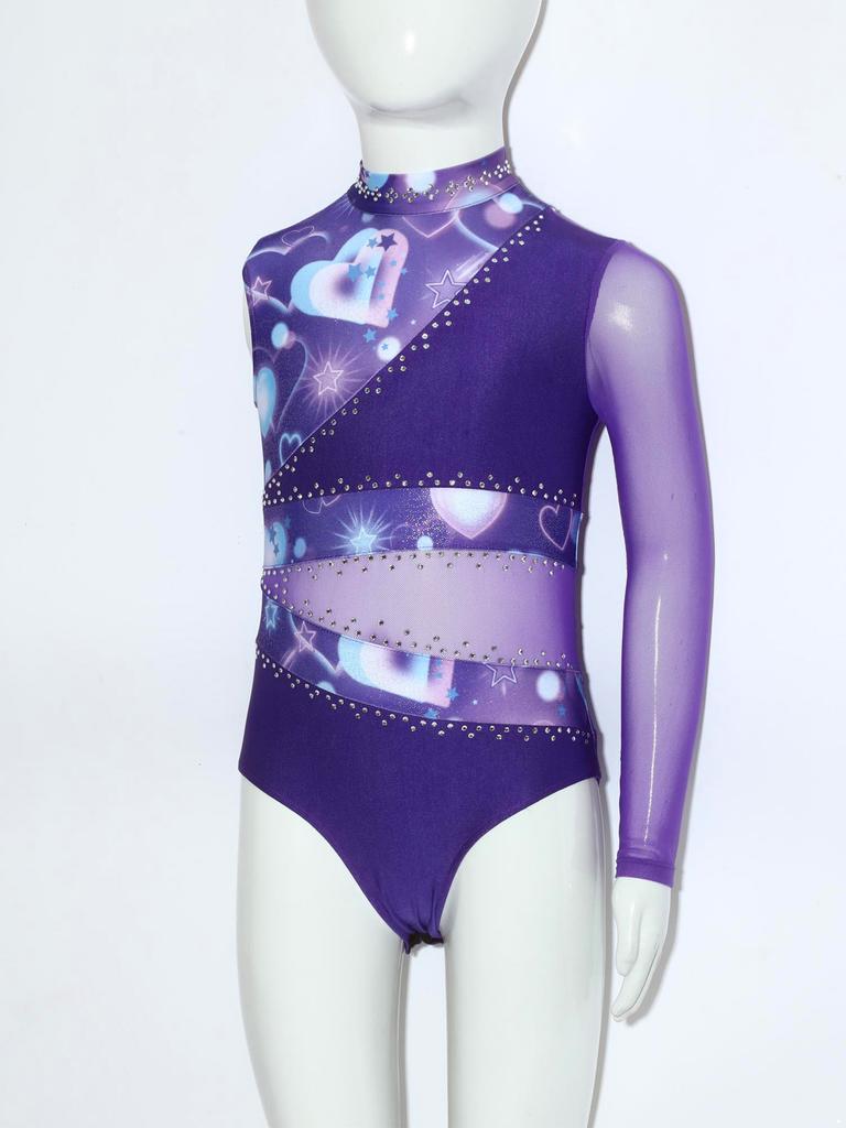 Girls Gymnastic Leotard Sparkly Rhinestones Patchwork Asymmetric Sleeve Design Back Hole Out Crotch Press Buttons Dance Unitard Competition Bodysuit