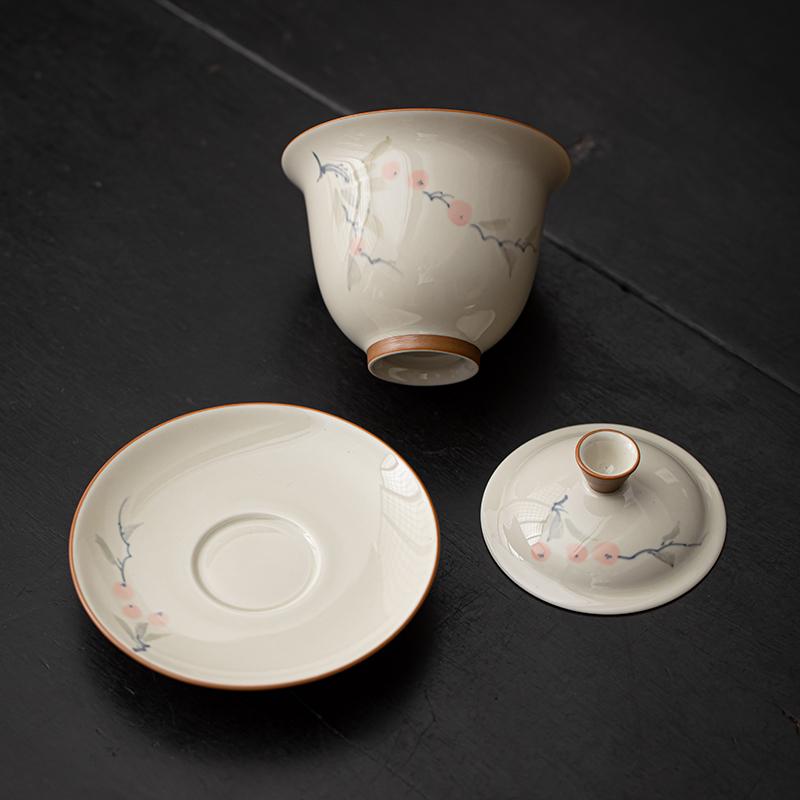 Porcelain Hand-painted  Gaiwan Cover Bowl Grass and Wood grayCeramic Tea Making Bowl Chinese Style Simple Tea Cup