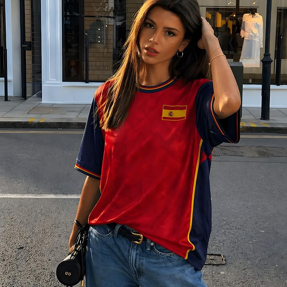 Camiseta de Fútbol de España Camiseta de Aficionado al Fútbol con Bandera de España Verano Cuello Redondo Malla Transpirable Camiseta Unisex Moda Camiseta de Manga Corta
