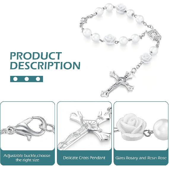 2PCS Car Rose Rosary for Rearview Mirror, Cross Blessing Rear View Mirror Hanging Decors, Auto Interior Hanging Accessories for SUV, Sedan, Truck