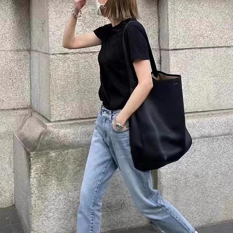 The Row Large Capacity Genuine Leather Lychee Pattern Bucket Tote for School Commuting