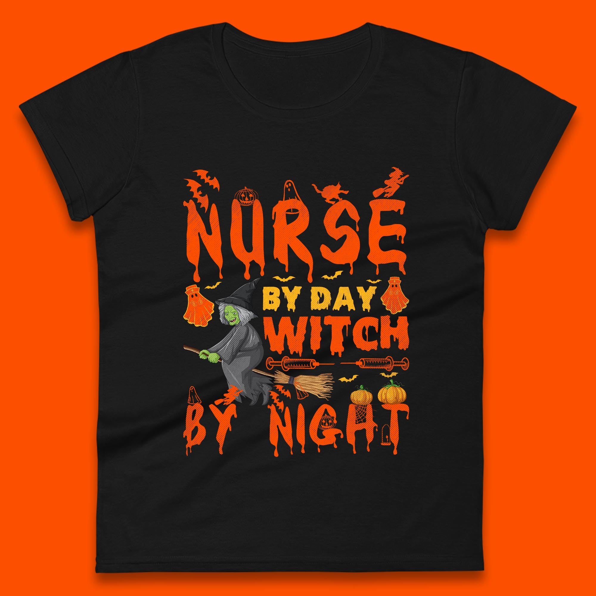 Nurse By Day Witch By Night Halloween Funny Nursing Spooky Nurse Womens Tee T Shirt Mens Tops Unisex Top S