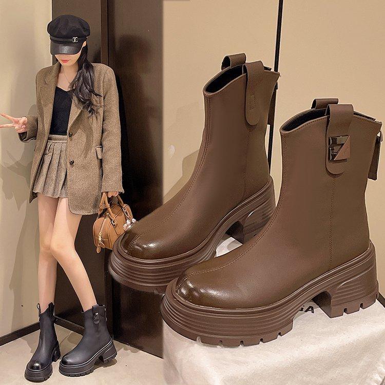 Leather Thick-soled Martin Boots, New Autumn and Winter Shopping Malls, the Same Thick-soled Heightened and Thin Elastic Boots Martin Boots