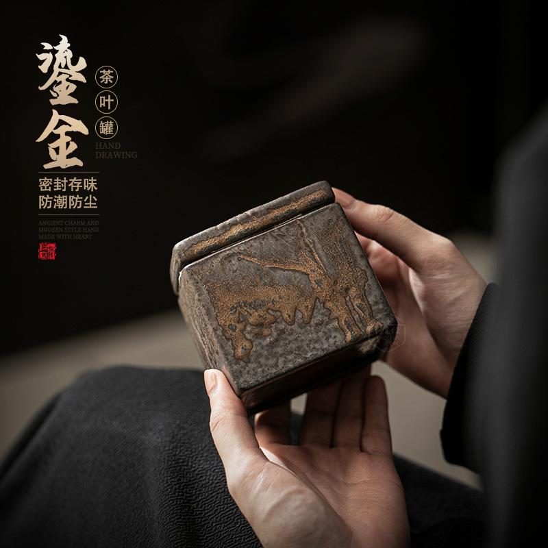 Coarse pottery gilt tea can sealed tea can square tea box ceramic powder can retro tea storage tank tea warehouse