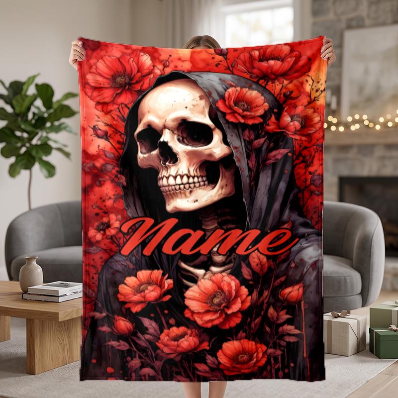 Flowers Skull Custom Flannel Blankets Soft Warm Cozy Throws for Home Decor Holiday Gifts
