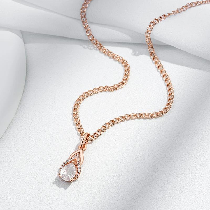 Drop Shape White Zircon Elegant Geometric Pendant Women Necklace Wedding Jewelry Double Hollow Wide Chain Luxury Accessories