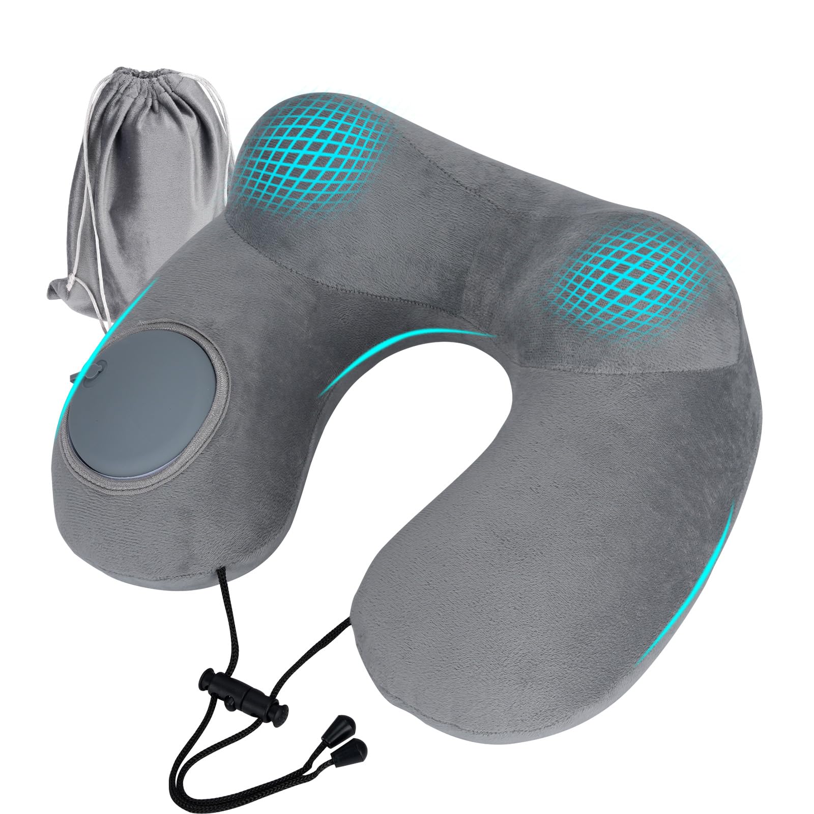 

Portable travel pillow with storage bag and washable inflatable air pillow for and U-shaped cover. Press-type airplanes, offices, home, buses. (Gray) серый