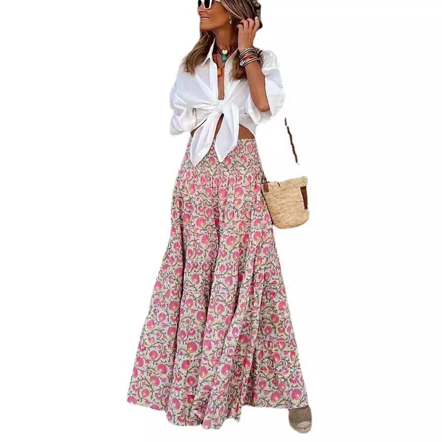 2023 Summer European & American Casual Women's Printed Long Dress with Elastic Waist for Vacations