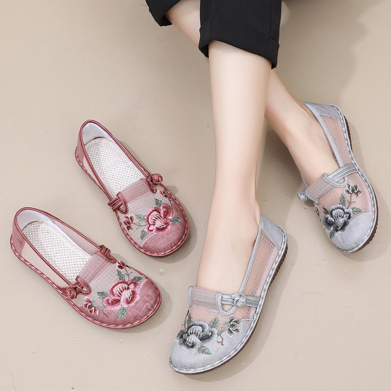Bestickte Schuhe im Ethno-Stil Damen-Mesh-Schuhe Sommer Damen Ein-Pedal Retro-Mode Hanfu-Schuhe Mesh Alte Pekinger Stoffschuhe