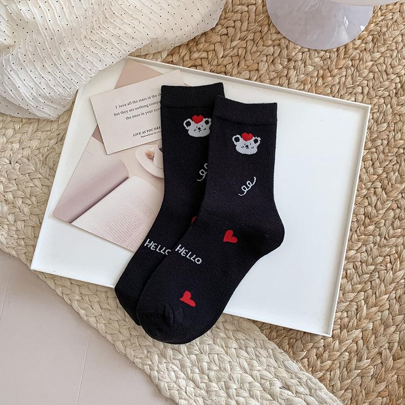 Female Autumn New Cartoon Cute Animal Stripes All Build Preppy Style Boneless Tube Stack Socks
