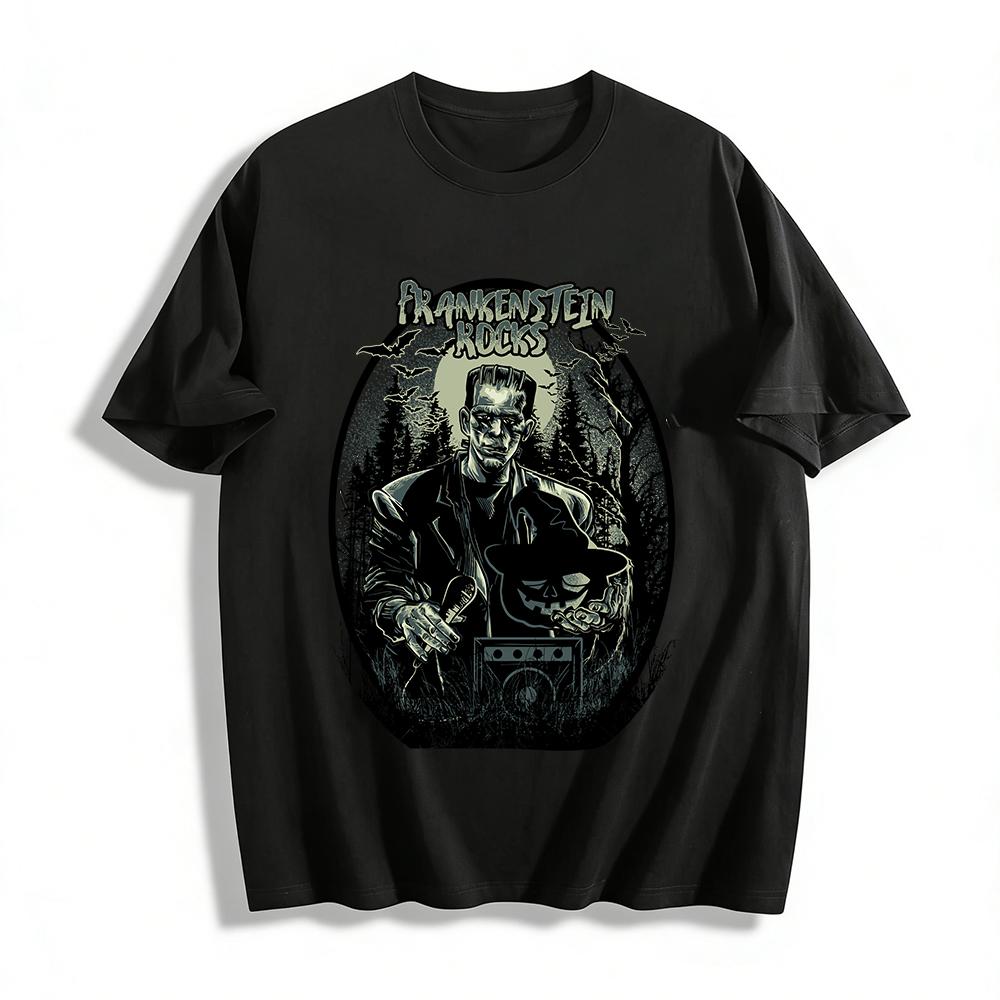 

Halloween Frankenstein Rocks Graphic Tee Retro Festival Top For Men Women Pure cotton T-shirt XXS