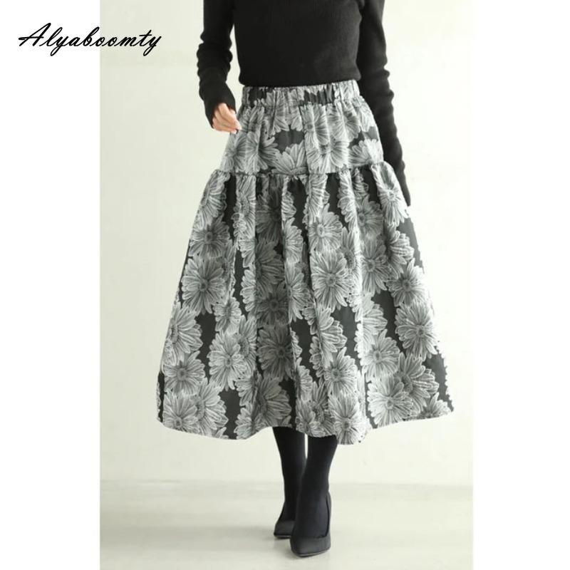 Korean Fashion Autumn Winter Women Jacquard Skirt High Waist Floral Ball Gown Skirt Elegant Feminine Chic Midi Skirts Womens