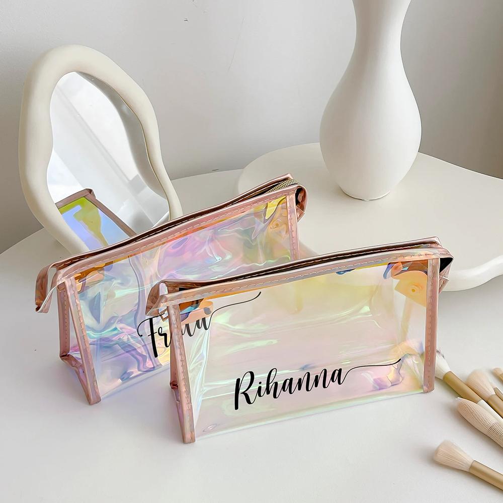 Personalized Holographic Bridesmaid Makeup Bag PVC Custom Clear Cosmetic Pouch Bachelorette Party Travel Essential Birthday Gift