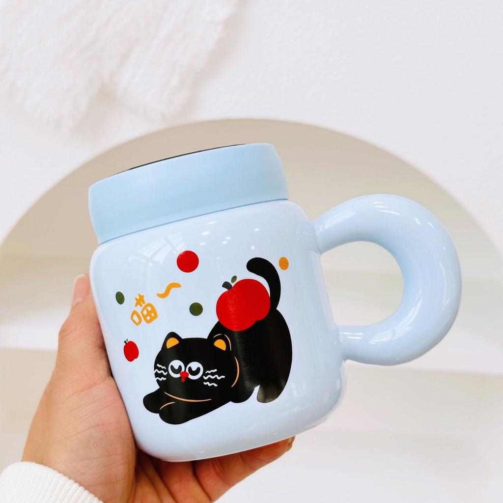 New Birthday Naughty Cat Water Cup Cartoon Ceramic Mug with Lid Spoon Cartoon Drinking Cup Gift Set Gift Box