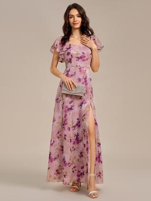 Ever-Pretty Women's Floral Back With Tie Short Ruffle Sleeves Square Neck Maxi Split Evening Dresses