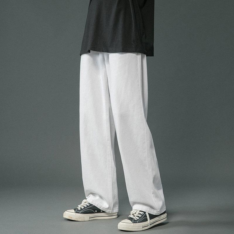 2023 Retro Hong Kong Style Men's Wide-Leg Jeans - Solid Color Straight Pants for Spring, Autumn, and Winter