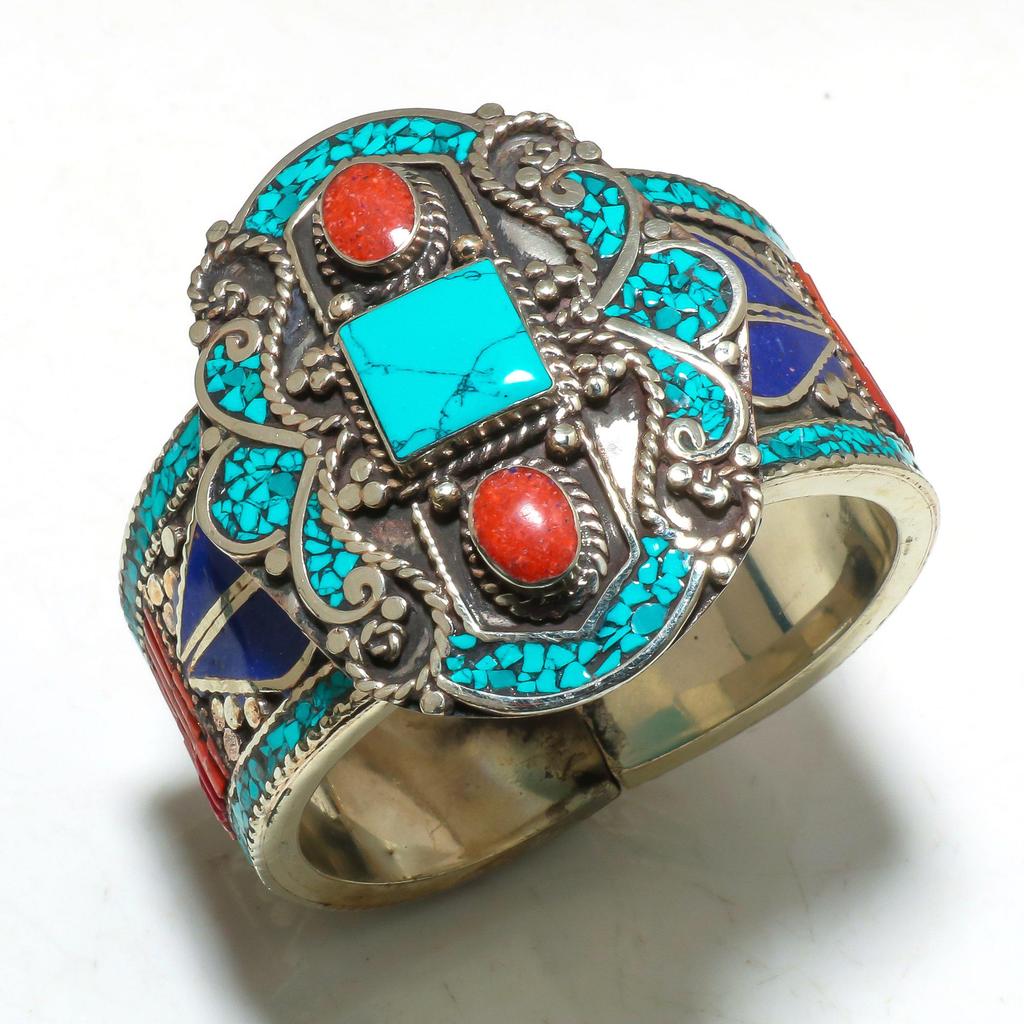 Natürlicher Tibetischer Türkis Koralle Lapislazuli Edelstein Handgefertigtes Armreif Armband Schmuck Größe 7-8 Zoll Nepalesisches Tibetisches Armreif Armband Schmuck