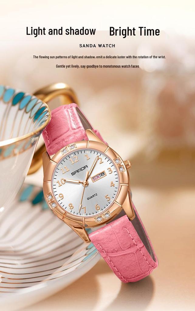 Sanda Junior High Student Retro Quartz Watch - Luminous, Dual Calendar, Waterproof, Sun Pattern, Fashionable Women's Style
