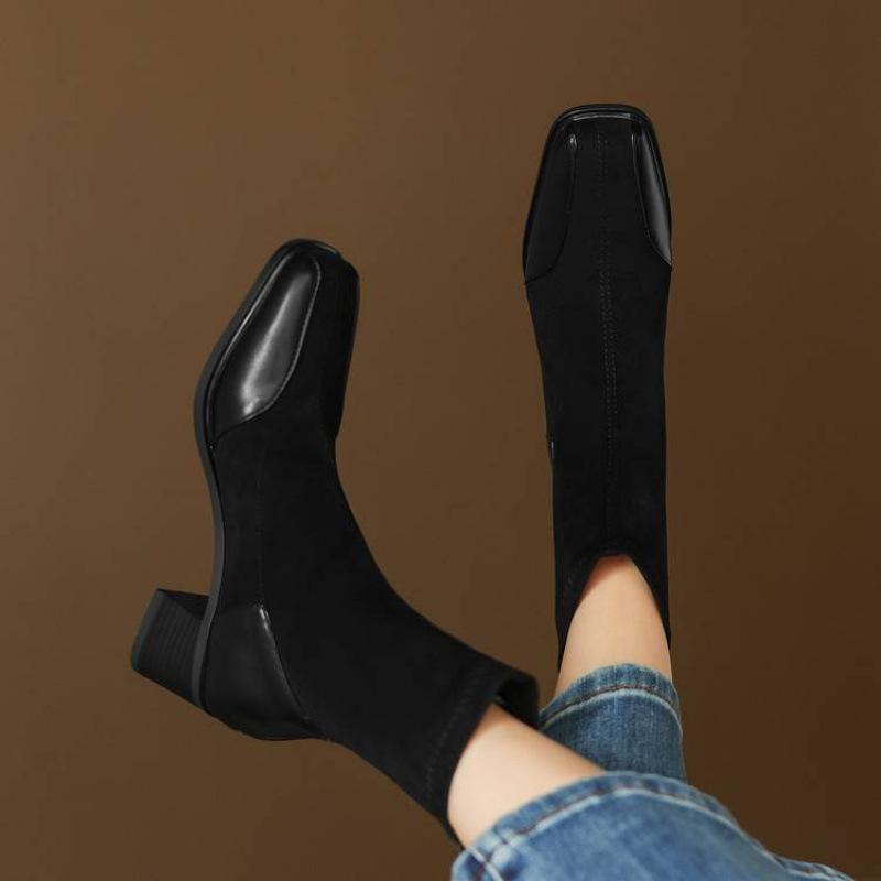 Korean Version of the New Suede Elastic Women's Boots Square Head Large Size Martin Boots Solid Color High Heel Leather Boots Autumn and Winter Mid