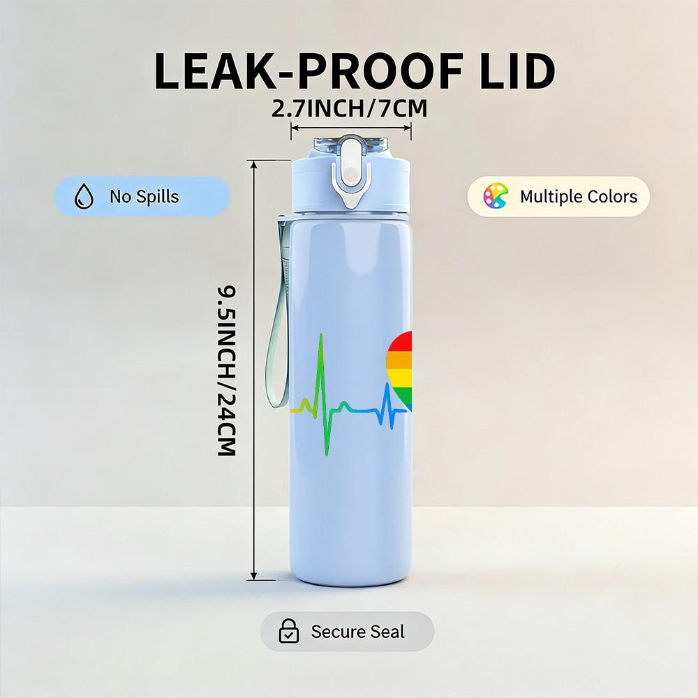 1PC Rainbow Heart Pulse Line 750ml Color Plastic Sports Water Bottle Leakproof Flip Straw Lid Suitable for Sports Office Home Use