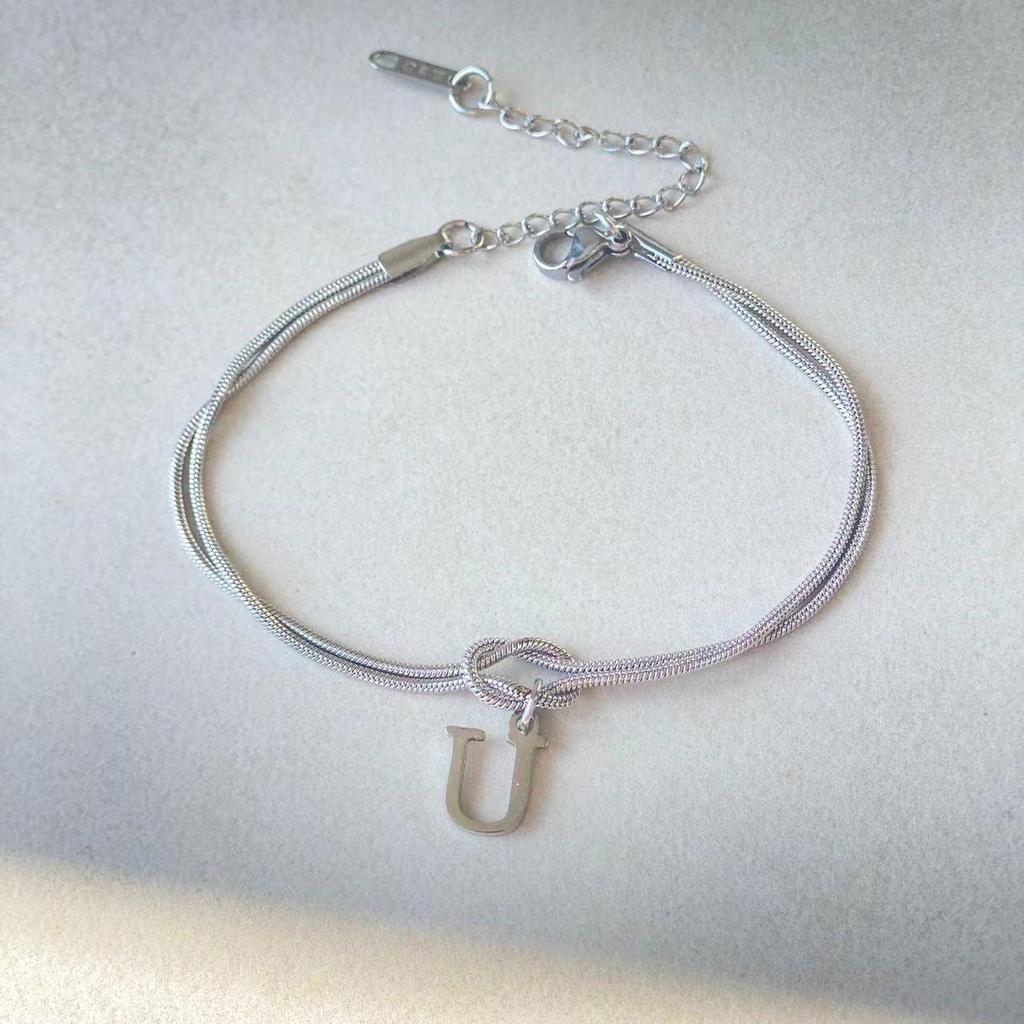 Valentine's Day Stainless Steel Herringbone & Snake Chain Bracelet with 26 Letters Pendant