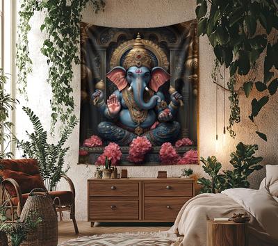 Golden Arch Ganesha Tapestry Single Sided 2D Print Majestic Wall Decor Home Living Room Temple Area Sacred Decor Devotional Gift