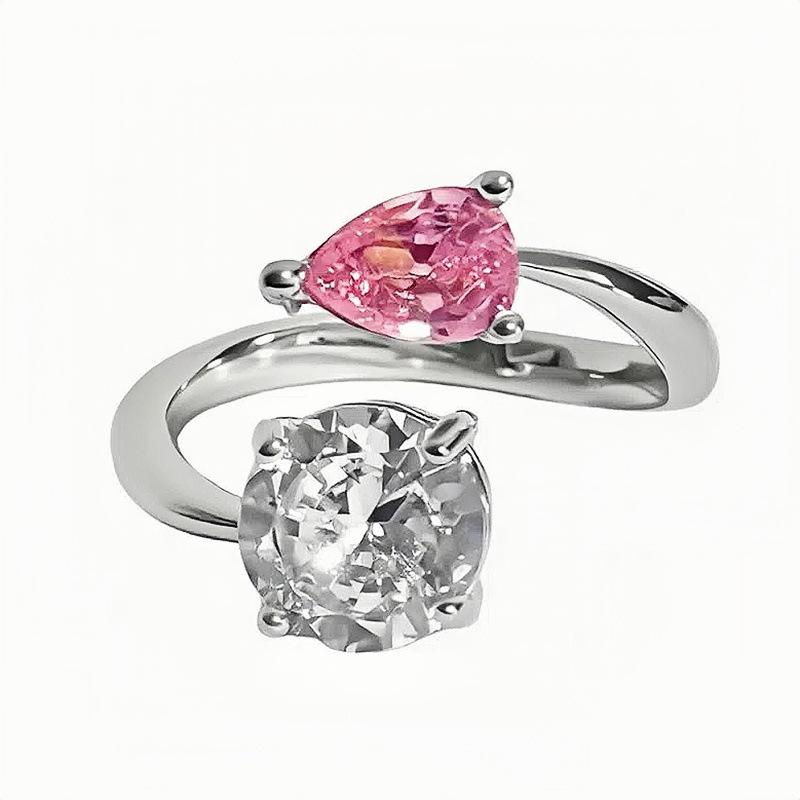 Fashion Cross Double-Row Pink And White Zir*****Pening Adjustable Ring Temperament Color Treasure Exquisite Niche High-End Ring
