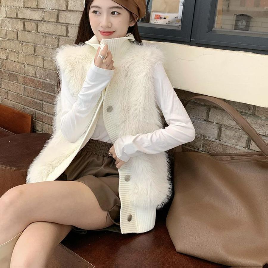 Korean Style Stand Collar Faux Fur Knit Sweater Women's Coat Autumn Winter New Style Loose Elegant Knit Cardigan